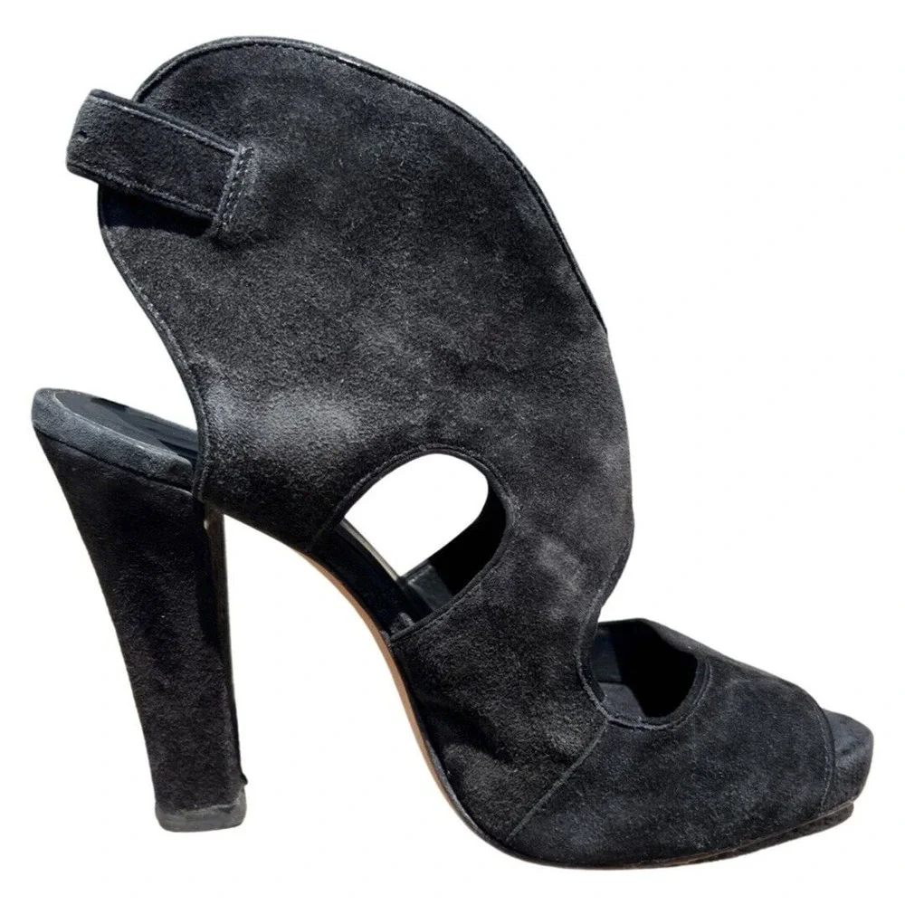 Rebecca Minkoff Demure Toe Suede Bootie High Heel Peep Size 7.5 EU 37.5 Black - Picture 7 of 11